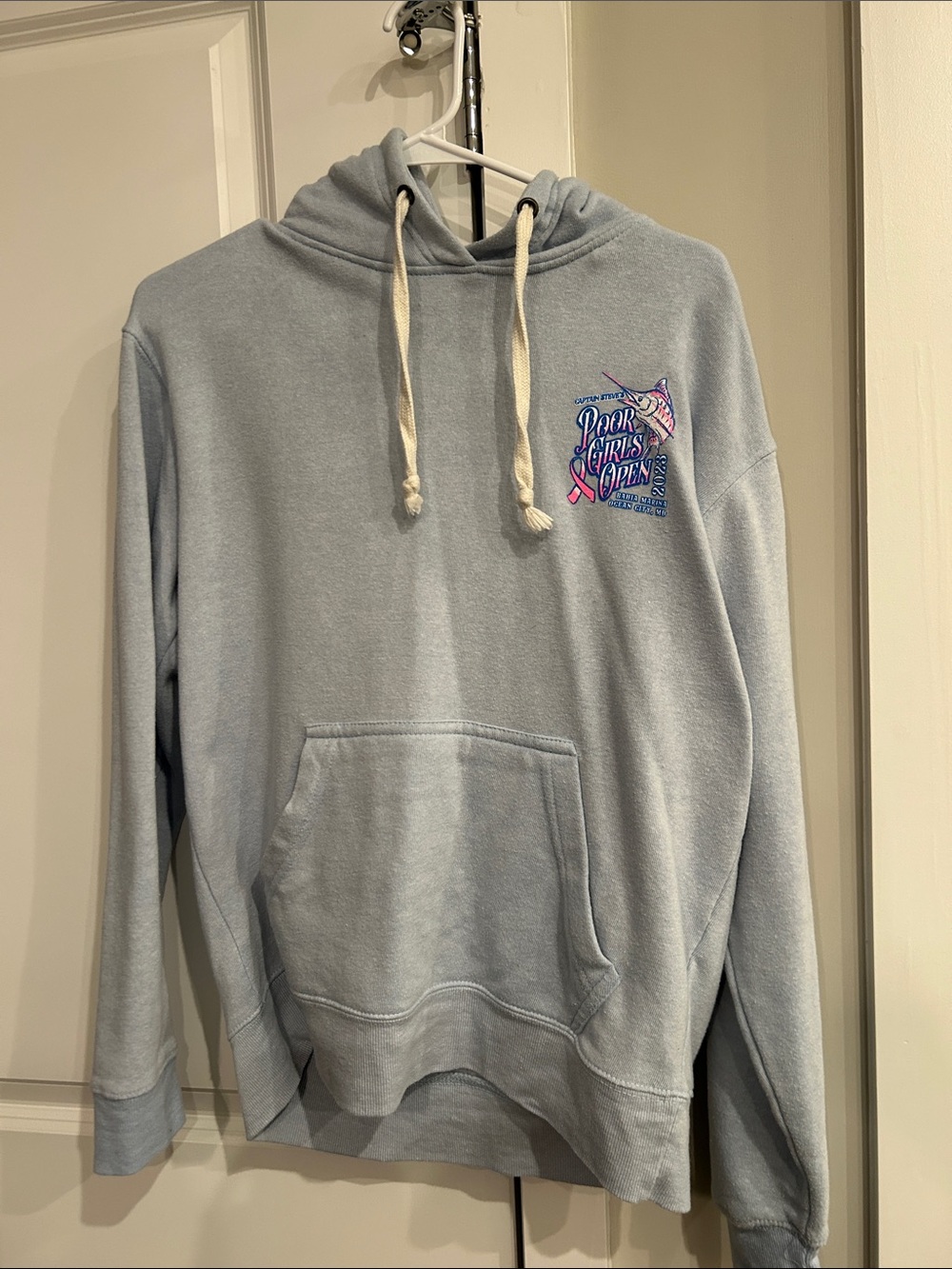 Light Blue Crewneck Hoodie with Small Chest Graphic